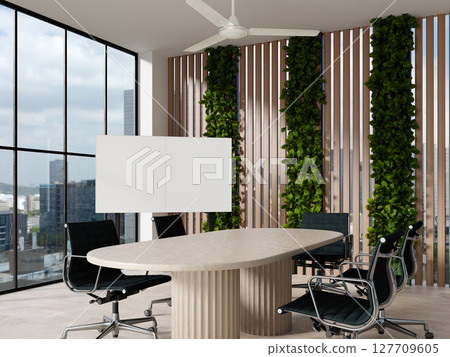 Sustainable conference room design with natural elements. 3D render illustration Sustainable conference room design with natural elements. 3D render illustration 127709605