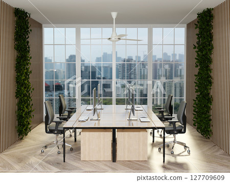 Sustainable office space layout with greenery for improved work environment. 3D render illustration 127709609