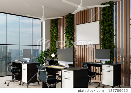 Sustainable workspace with greenery and panoramic views. 3D render illustration 127709613