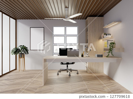 Sustainable home office layout with natural aesthetics and functionality. 3D render illustration 127709618