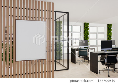 Sustainable office space with minimalist design elements. 3D render illustration Sustainable office space with minimalist design elements. 3D render illustration 127709619