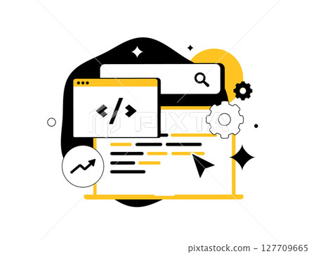 Technical SEO optimization supports crawlability and structured data, while technical SEO optimization also improves metadata, code, indexing and overall web site health modern vector illustration 127709665