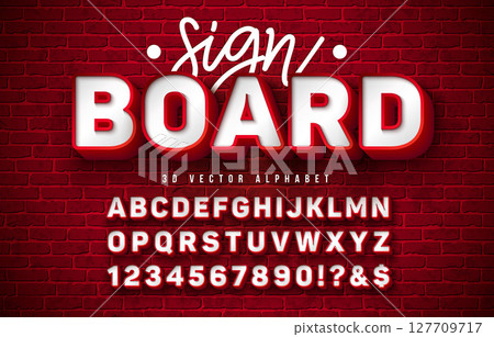 Vector 3d Alphabet Signboard Font Set with Frame Box and Shadow on Red Vintage Brick Wall Background. Modern Typeface Design Collection with ABC, Number and Special Characters for Banner, Poster or Vector 3d Alphabet Signboard Font Set with Frame Box and Shadow on Red Vintage Brick Wall Background. Modern Typeface Design Collection with ABC, Number and Special Characters for Banner, Poster or 127709717