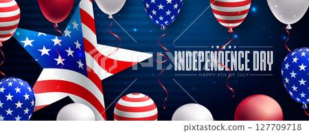 Fourth of July Independence Day Sale Banner Design with American Flag Pattern Party Balloon and Star Symbol on Blue Background. 4th of July USA National Holiday Vector Illustration with Typography 127709718