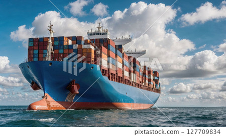 Massive cargo ship loaded with colorful containers sails through calm ocean waters 127709834