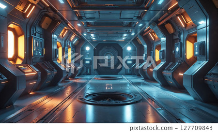 A futuristic sci-fi spaceship corridor glows with blue and orange lights, featuring high-tech panels, symmetry, and a sleek metallic design ready for deep space missions 127709843
