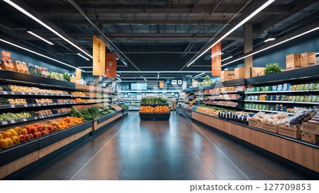 A brightly lit grocery store aisle displays fresh produce and packaged goods in clean, modern shelves for a seamless shopping experience A brightly lit grocery store aisle displays fresh produce and packaged goods in clean, modern shelves for a seamless shopping experience 127709853