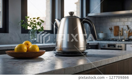 Silver metal electric kettle for boiling water and making tea on a table in the kitchen interior. Household kitchen appliances for makes hot drinks Silver metal electric kettle for boiling water and making tea on a table in the kitchen interior. Household kitchen appliances for makes hot drinks 127709866