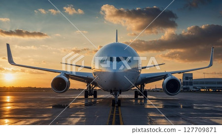 A large passenger jet is parked on an airport tarmac at sunset 127709871