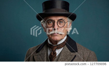 Distinguished Victorian gentleman with a prominent mustache, top hat, and round spectacles, exuding a wise and classic demeanor. Vintage, Sherlock Holmes, historical 127709896