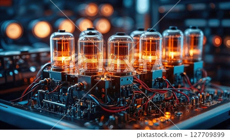 Retro glowing vacuum tubes in a high-tech amplifier system emit warm light in a futuristic lab setting. Perfect for concepts of sound, tech nostalgia, and analog electronics 127709899