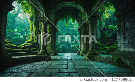 Moss-covered ancient temple ruins hidden in a lush jungle, surrounded by dense vegetation and light rays. A magical setting of mystery, history, and forgotten worlds Moss-covered ancient temple ruins hidden in a lush jungle, surrounded by dense vegetation and light rays. A magical setting of mystery, history, and forgotten worlds 127709901