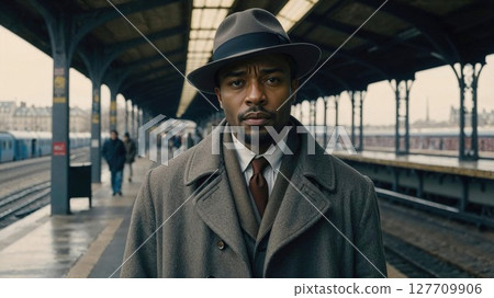 Stylish man in a classic coat and fedora stands solemnly on a train platform, evoking a timeless vintage look and cinematic atmosphere with soft lighting and old-world charm 127709906