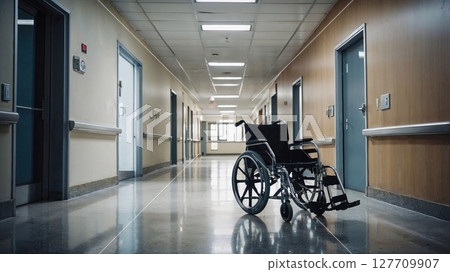 Lonely wheelchair positioned in the middle of an empty hospital corridor, evoking themes of healthcare, mobility, recovery, and the quiet, sterile atmosphere of medical institutions 127709907