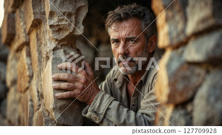 Rugged older man with weathered hands hides behind a crumbling stone wall, eyes filled with resolve Rugged older man with weathered hands hides behind a crumbling stone wall, eyes filled with resolve 127709928