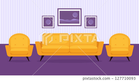 Living room with yellow sofa and armchairs in flat style. Vector illustration 127710093