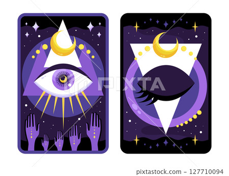 Modern celestial Tarot card design with sacred All seeing eye. Reverse side of Tarot deck with a magical eye. Vector illustration 127710094