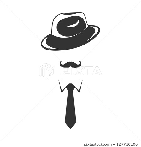Faceless mustached man in hat and tie. Abstract silhouette of a gangster, detective or gentleman. Vector illustration 127710100