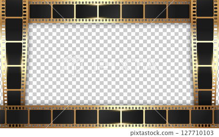 Golden filmstrip frame on transparent background. Movie film ribbon frame template design. Vector illustration Golden filmstrip frame on transparent background. Movie film ribbon frame template design. Vector illustration 127710103