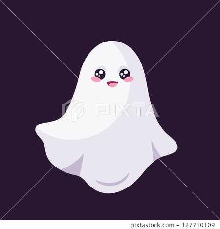 Cute smiling Halloween ghost. Cute funny happy ghost character. Vector illustration 127710109