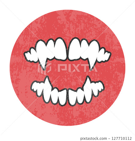 Vampire teeth with sharp fangs round emblem in retro style. Vector illustration Vampire teeth with sharp fangs round emblem in retro style. Vector illustration 127710112