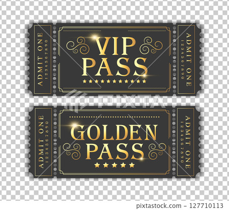 VIP pass and golden pass templates. Suitable for festival, cinema, theater, concert, casino, circus, event tickets. Vector illustration VIP pass and golden pass templates. Suitable for festival, cinema, theater, concert, casino, circus, event tickets. Vector illustration 127710113