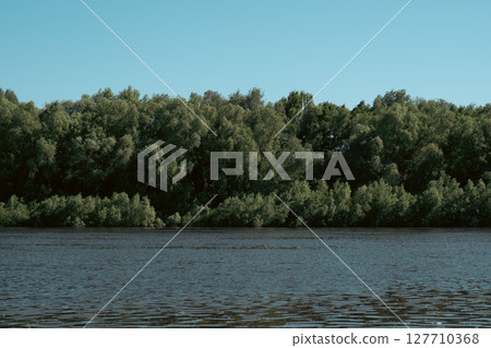 A serene river runs alongside a thick forest, showcasing nature's peaceful beauty. A serene river runs alongside a thick forest, showcasing nature's peaceful beauty. 127710368