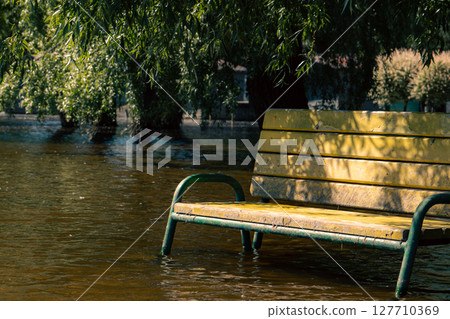 A serene yet haunting image of a bench submerged in floodwaters under a canopy of leaves. A serene yet haunting image of a bench submerged in floodwaters under a canopy of leaves. 127710369
