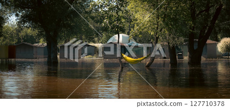 A hammock is strung between trees in a flooded area, creating an unusual yet serene scene. A hammock is strung between trees in a flooded area, creating an unusual yet serene scene. 127710378
