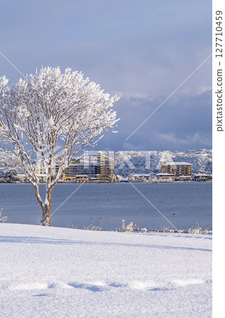 Snowy scenery along the lake: Around Lake Togo 127710459