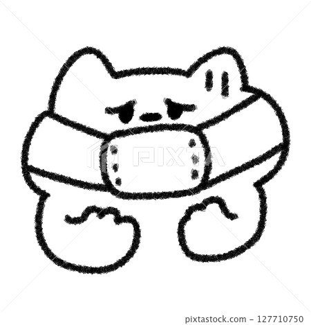 Illustration of a cat with a cold wearing a mask (monochrome) 127710750