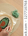 Punch needle embroidery of avocado on hoop with yarn and woman hand. Trendy modern craft hobby 127710768