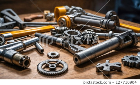 A wooden table covered with assorted metal parts and tools A wooden table covered with assorted metal parts and tools 127710904