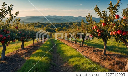 Two rows of apple trees full of fruit seen under a blue sky, ready for picking Two rows of apple trees full of fruit seen under a blue sky, ready for picking 127710905