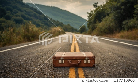 Vintage brown leather suitcase on empty mountain road at sunset. Symbol of travel, adventure and new beginnings against dramatic landscape backdrop Vintage brown leather suitcase on empty mountain road at sunset. Symbol of travel, adventure and new beginnings against dramatic landscape backdrop 127710906