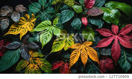 Stunning pattern of colorful tropical leaves featuring vibrant yellow, red, and green foliage arranged in artistic composition against dark background. Nature's palette displayed in botanical detail 127710909