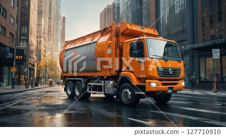 Garbage truck remove waste from city street. Collection and transportation of domestic garbage by municipal service. Sort and dispose waste. Different colored recycle waste bins, recycling concept 127710910