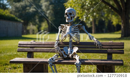 skeleton decoration sitting casually on wooden park bench against sunny green lawn background. Whimsical Halloween prop displayed in relaxed pose creating humorous outdoor scene 127710918