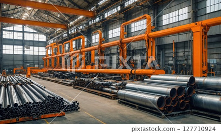 A large factory filled with many pipes and cranes working together 127710924