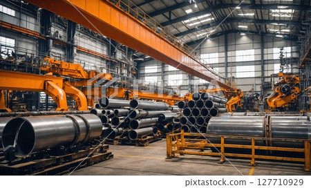 An industrial warehouse filled with large metal pipes and bright orange machinery, including cranes and robotic arms, highlighting the heavy equipment and precision required in metal fabrication 127710929