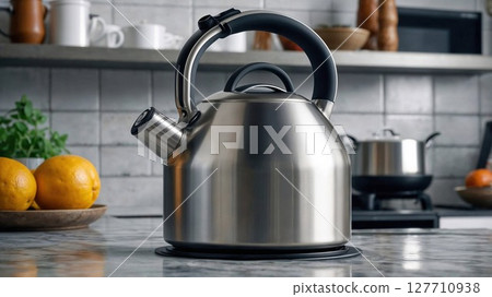 Silver metal electric kettle for boiling water and making tea on a table in the kitchen interior. Household kitchen appliances for makes hot drinks Silver metal electric kettle for boiling water and making tea on a table in the kitchen interior. Household kitchen appliances for makes hot drinks 127710938
