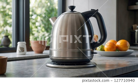 Silver metal electric kettle for boiling water and making tea on a table in the kitchen interior. Household kitchen appliances for makes hot drinks Silver metal electric kettle for boiling water and making tea on a table in the kitchen interior. Household kitchen appliances for makes hot drinks 127710940