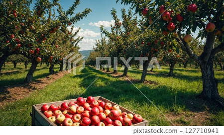 A lush apple orchard filled with ripe red apples, with a crate of freshly picked apples in the foreground, set against a clear blue sky, embodying a bountiful harvest in a natural setting A lush apple orchard filled with ripe red apples, with a crate of freshly picked apples in the foreground, set against a clear blue sky, embodying a bountiful harvest in a natural setting 127710941