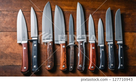 A neat row of sharp knives is meticulously lined up on a wooden table 127710943