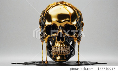 black and gold skull sculpture with liquid gold paint dripping down its surface. Dramatic contrast creates luxurious and edgy aesthetic against minimalist background 127710947