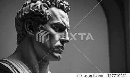 A highly detailed black-and-white marble bust of a man with intricate curls, portraying timeless artistry and neoclassical elegance A highly detailed black-and-white marble bust of a man with intricate curls, portraying timeless artistry and neoclassical elegance 127710951