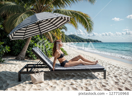 beautiful young woman sunbathing on a sun lounger on a tropical beach 127710968