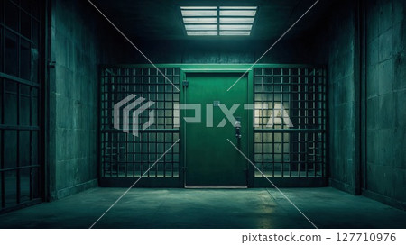 A dimly lit, dark prison cell featuring a green door with metal bars A dimly lit, dark prison cell featuring a green door with metal bars 127710976