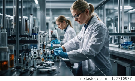 Two female scientists are diligently working together in a laboratory Two female scientists are diligently working together in a laboratory 127710977