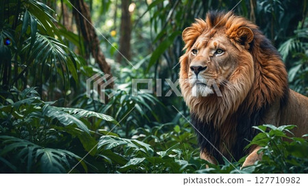 A majestic lion with a full mane stands amidst lush green jungle foliage, gazing intently into the distance, embodying strength and wild beauty A majestic lion with a full mane stands amidst lush green jungle foliage, gazing intently into the distance, embodying strength and wild beauty 127710982